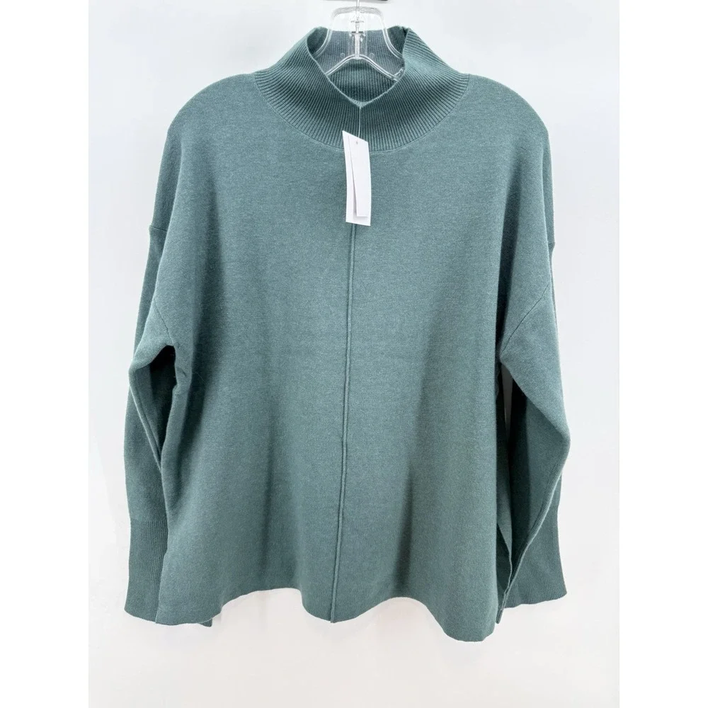 Magaschoni Sweater Women's L Green Mock Neck Ribbed‎ Knit Neutral Minimalist New